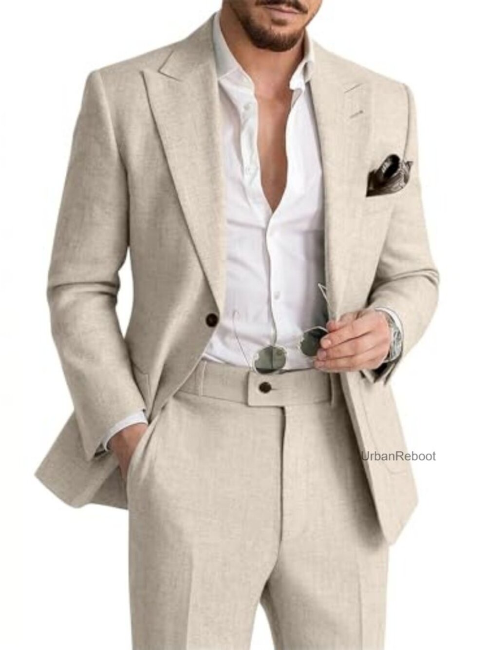Linen Suit 2 Piece Slim Fit Men's Wedding Prom Outfit Blazer Pants Set